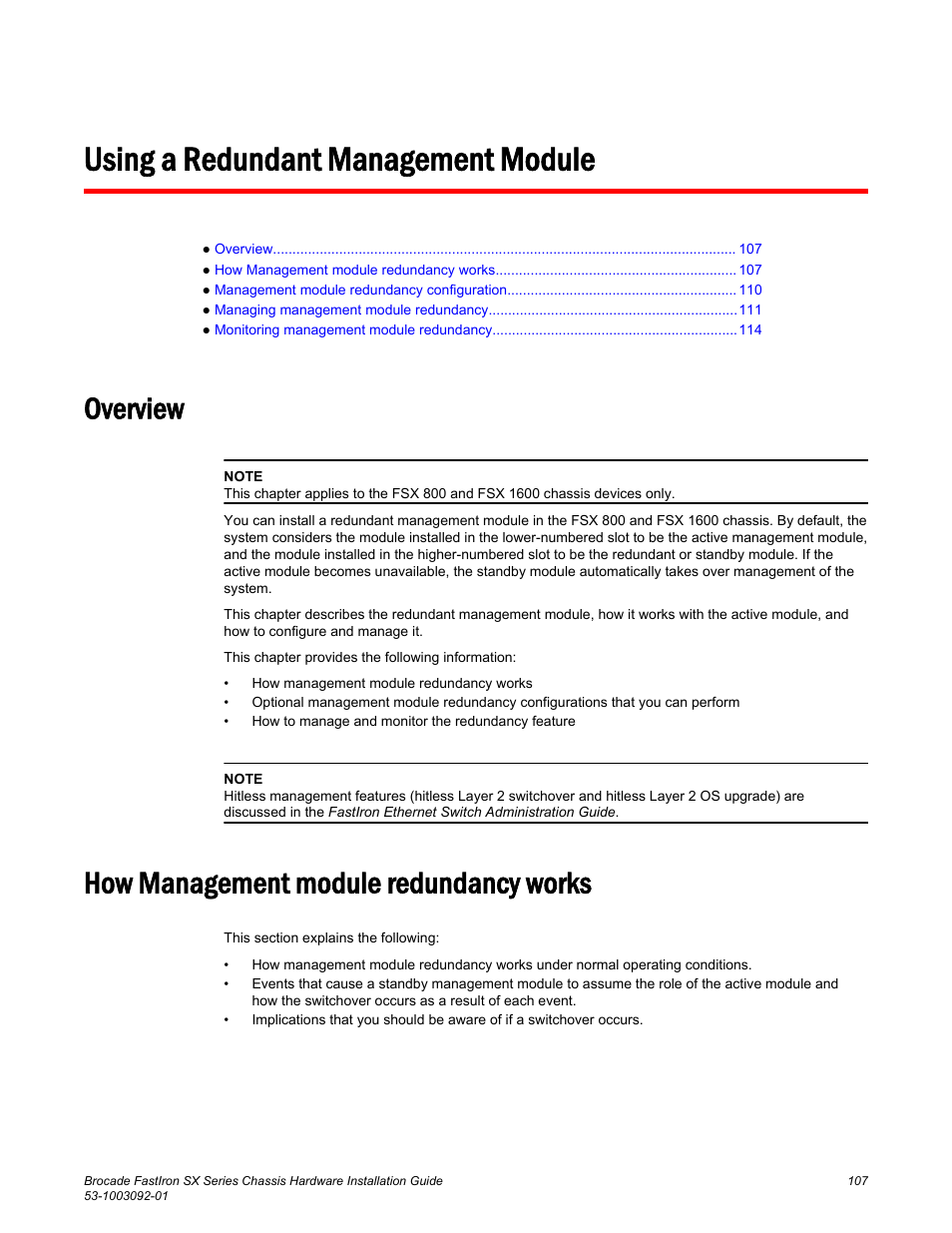 Using a redundant management module, Overview, How management module redundancy works | Overview how management module redundancy works | Brocade FastIron SX Series Chassis Hardware Installation Guide User Manual | Page 109 / 192