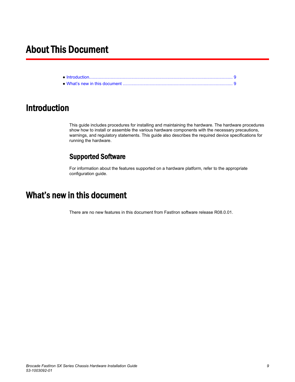 About this document, Introduction, Supported software | What’s new in this document | Brocade FastIron SX Series Chassis Hardware Installation Guide User Manual | Page 11 / 192