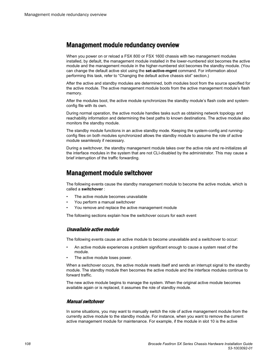 Management module redundancy overview, Management module switchover, Unavailable active module | Manual switchover | Brocade FastIron SX Series Chassis Hardware Installation Guide User Manual | Page 110 / 192