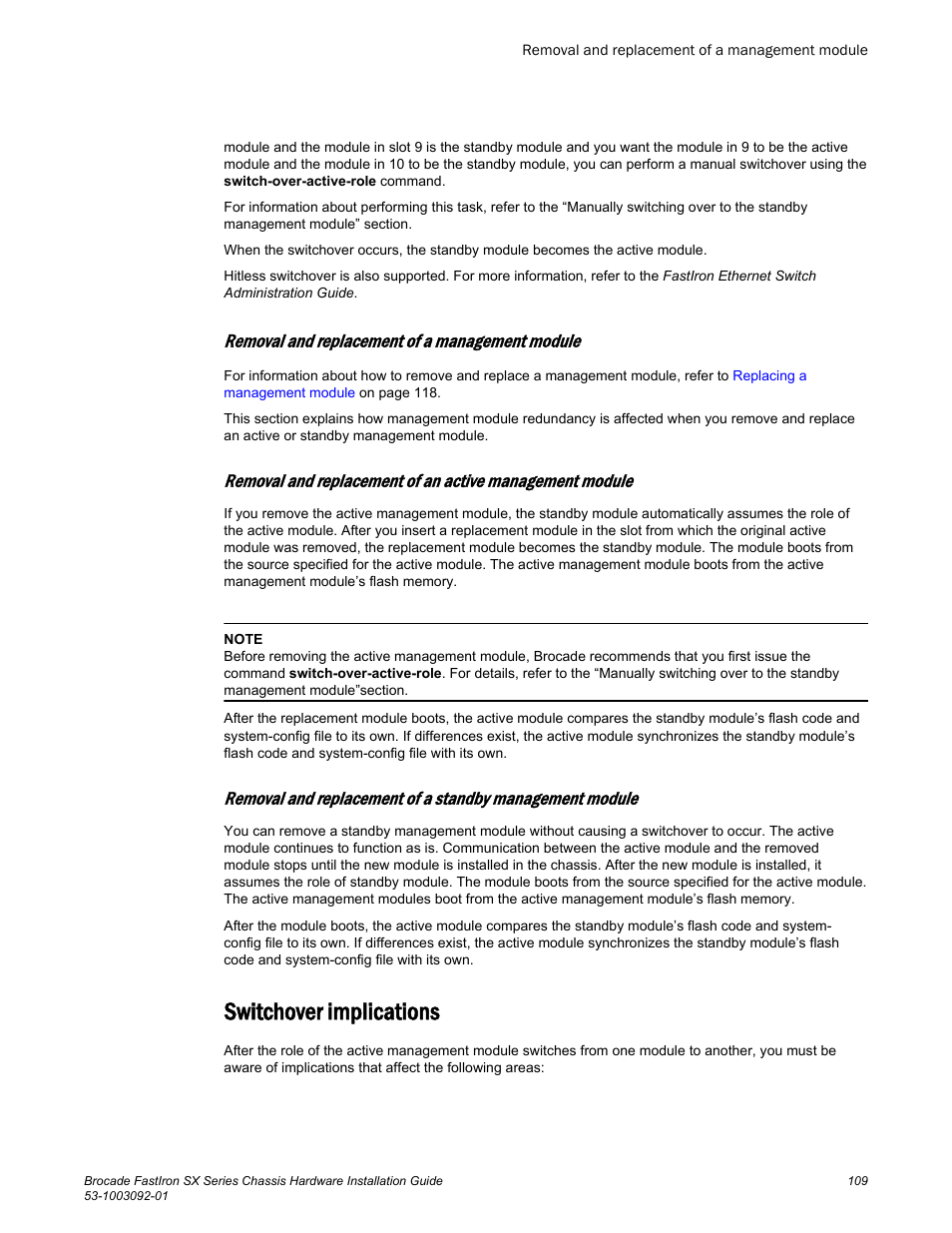Removal and replacement of a management module, Switchover implications | Brocade FastIron SX Series Chassis Hardware Installation Guide User Manual | Page 111 / 192