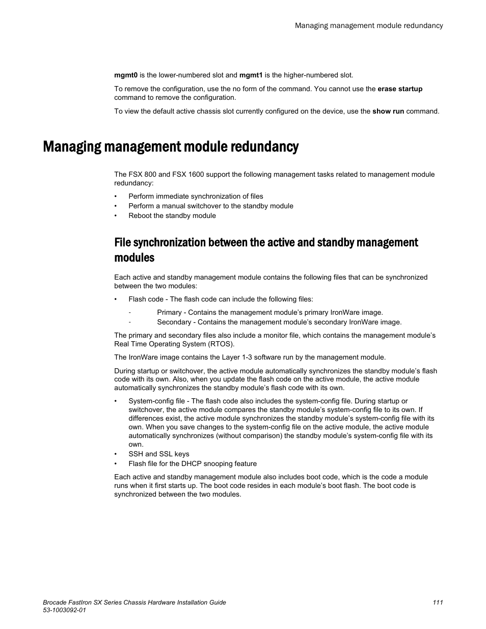 Managing management module redundancy, Management modules | Brocade FastIron SX Series Chassis Hardware Installation Guide User Manual | Page 113 / 192