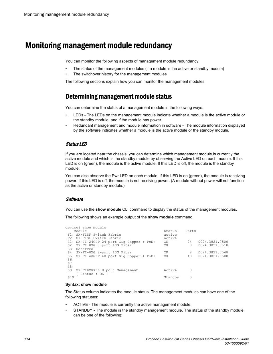 Monitoring management module redundancy, Determining management module status, Status led | Software | Brocade FastIron SX Series Chassis Hardware Installation Guide User Manual | Page 116 / 192