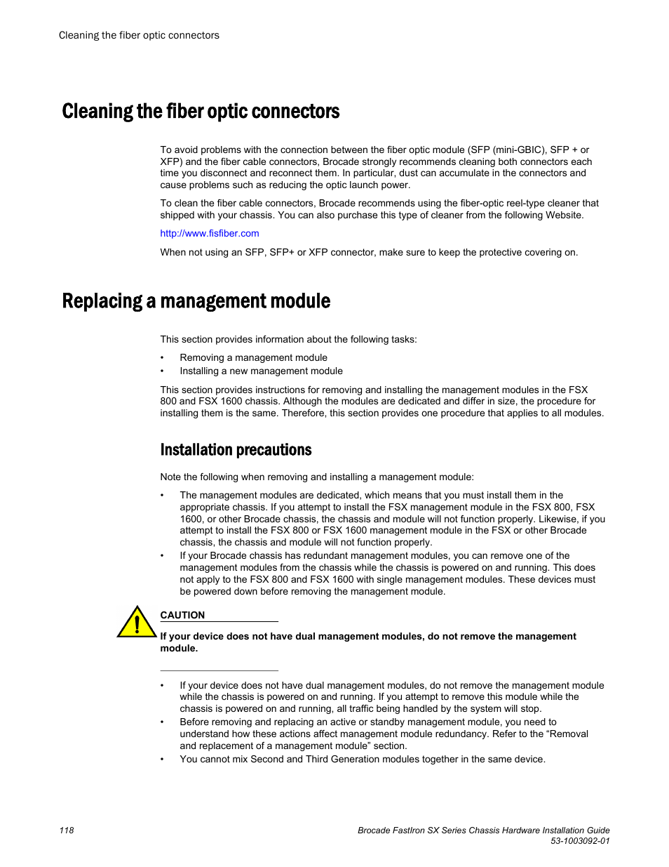 Cleaning the fiber optic connectors, Replacing a management module, Installation precautions | Brocade FastIron SX Series Chassis Hardware Installation Guide User Manual | Page 120 / 192