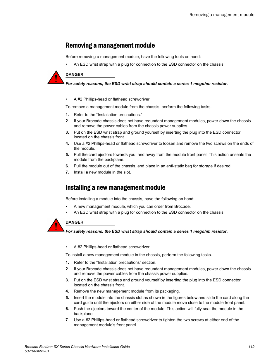 Removing a management module, Installing a new management module | Brocade FastIron SX Series Chassis Hardware Installation Guide User Manual | Page 121 / 192