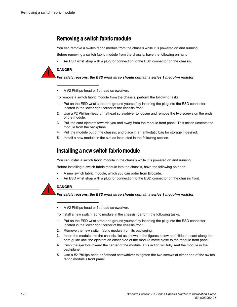 Removing a switch fabric module, Installing a new switch fabric module | Brocade FastIron SX Series Chassis Hardware Installation Guide User Manual | Page 124 / 192