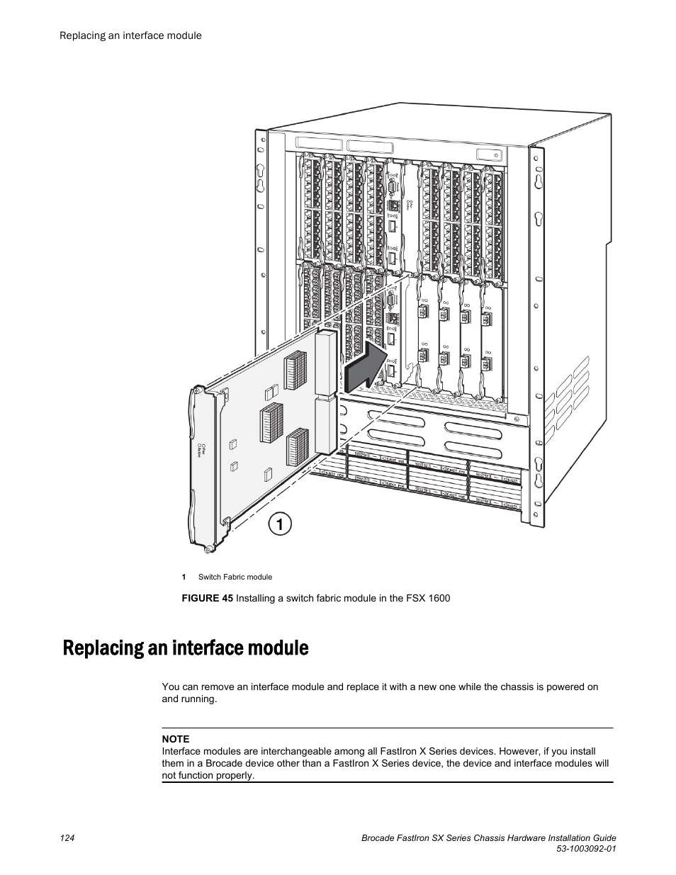 Replacing an interface module | Brocade FastIron SX Series Chassis Hardware Installation Guide User Manual | Page 126 / 192