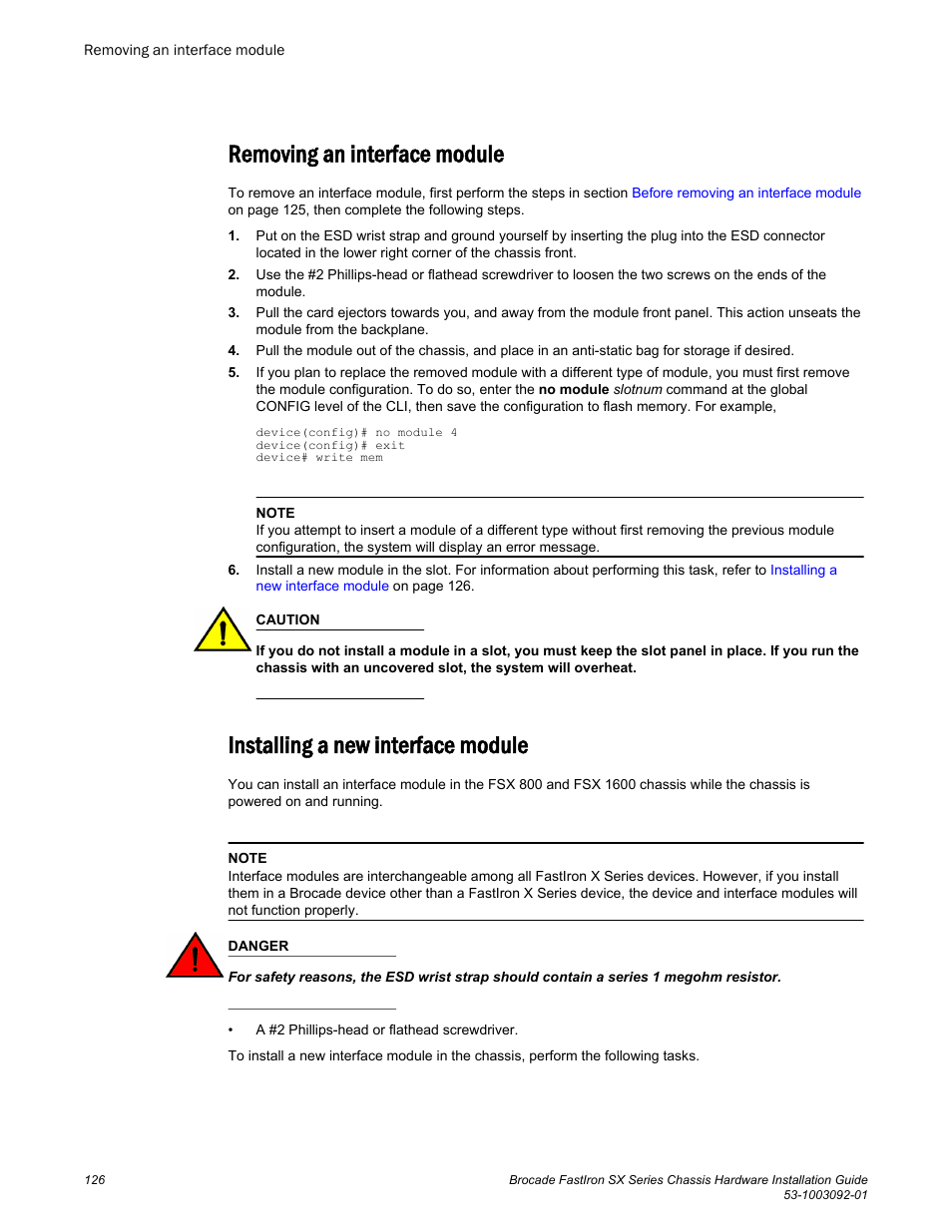 Removing an interface module, Installing a new interface module | Brocade FastIron SX Series Chassis Hardware Installation Guide User Manual | Page 128 / 192