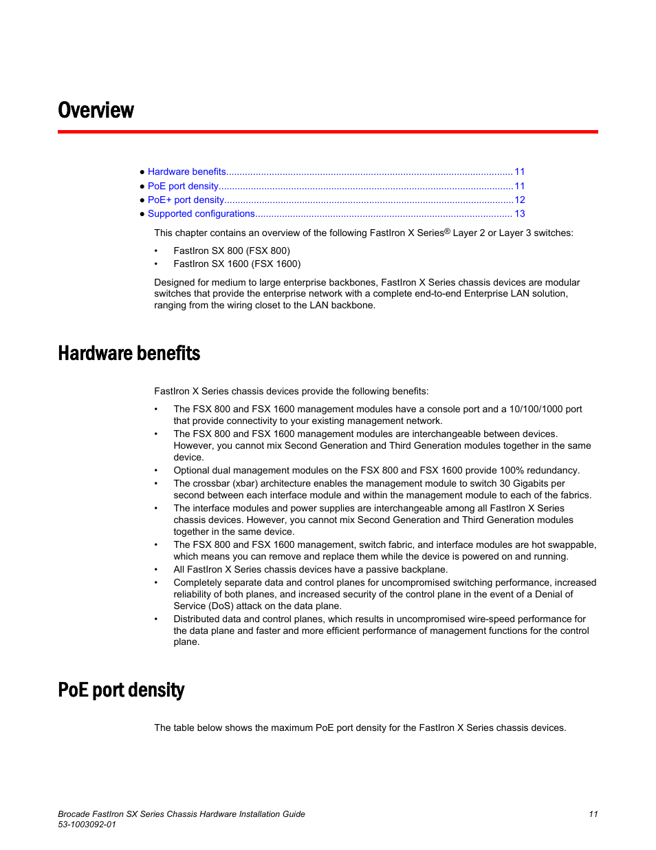 Overview, Hardware benefits, Poe port density | Hardware benefits poe port density | Brocade FastIron SX Series Chassis Hardware Installation Guide User Manual | Page 13 / 192