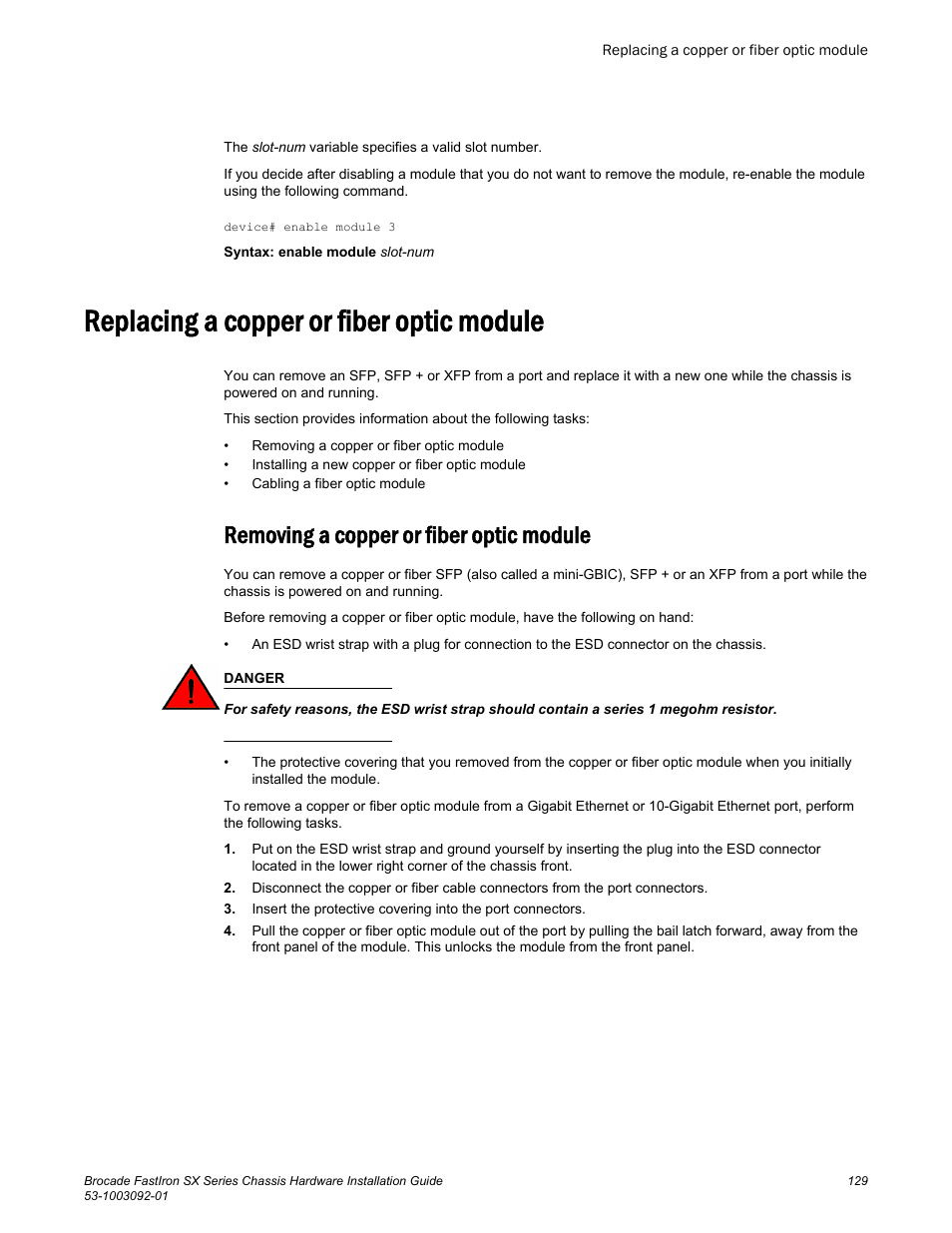 Replacing a copper or fiber optic module, Removing a copper or fiber optic module | Brocade FastIron SX Series Chassis Hardware Installation Guide User Manual | Page 131 / 192