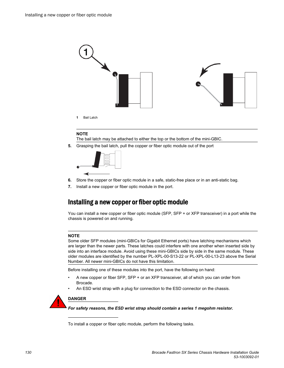 Installing a new copper or fiber optic module | Brocade FastIron SX Series Chassis Hardware Installation Guide User Manual | Page 132 / 192