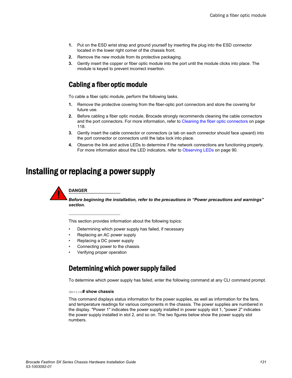 Cabling a fiber optic module, Installing or replacing a power supply, Determining which power supply failed | Brocade FastIron SX Series Chassis Hardware Installation Guide User Manual | Page 133 / 192