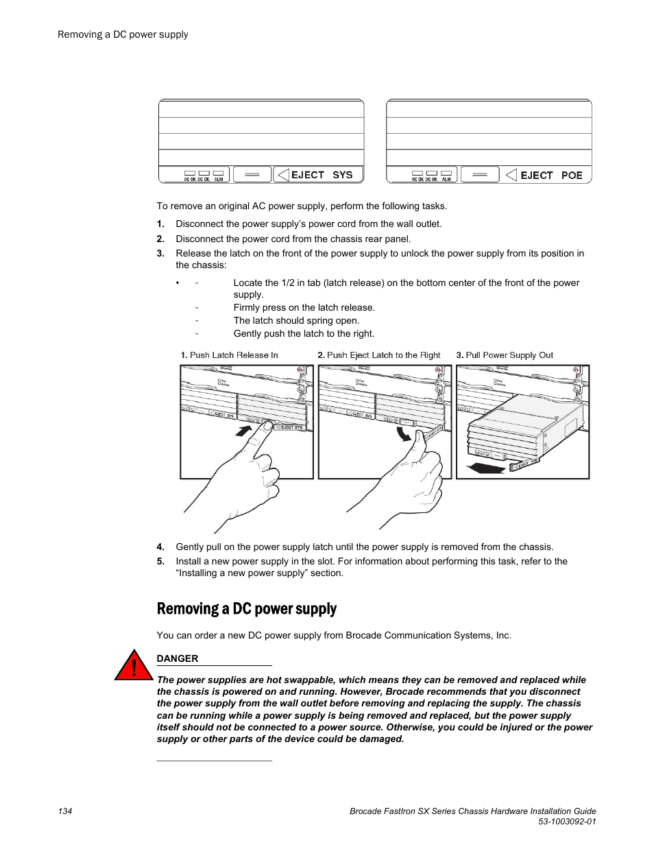 Removing a dc power supply | Brocade FastIron SX Series Chassis Hardware Installation Guide User Manual | Page 136 / 192