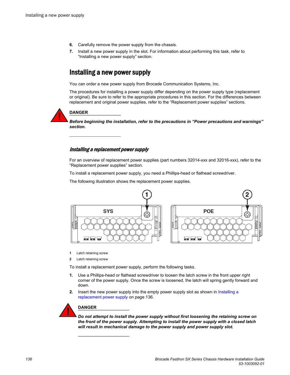 Installing a new power supply, Installing a replacement power supply | Brocade FastIron SX Series Chassis Hardware Installation Guide User Manual | Page 138 / 192