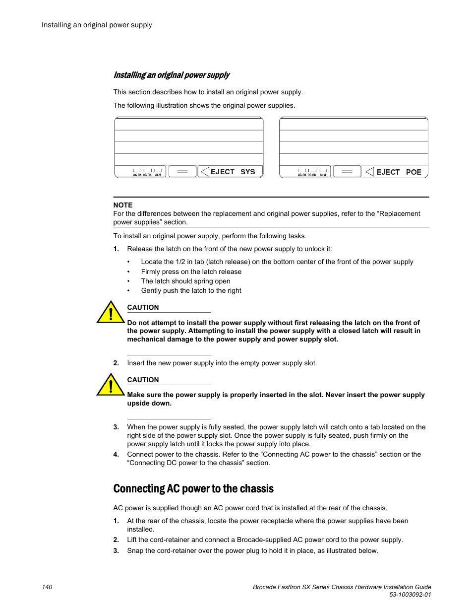 Installing an original power supply, Connecting ac power to the chassis | Brocade FastIron SX Series Chassis Hardware Installation Guide User Manual | Page 142 / 192