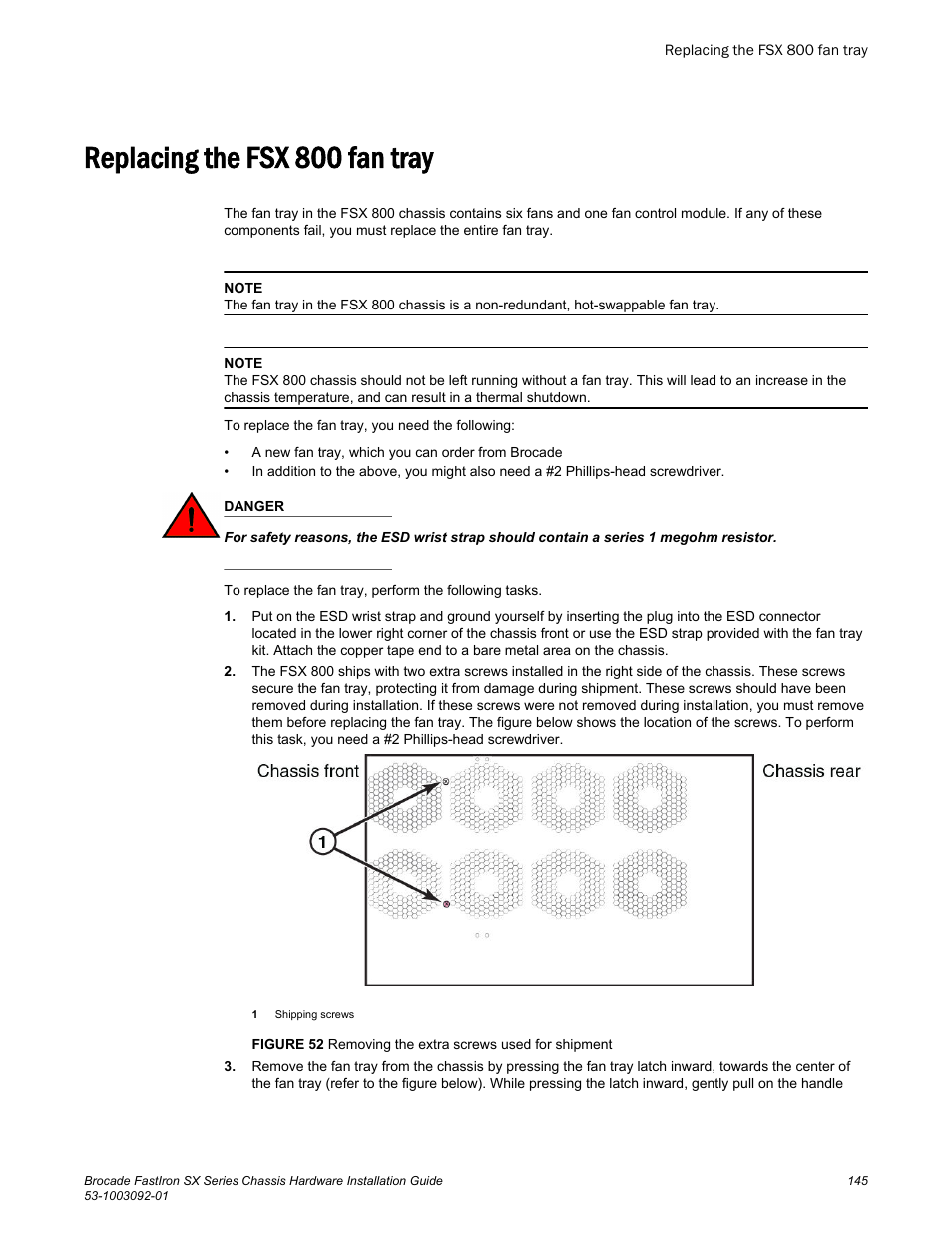 Replacing the fsx 800 fan tray | Brocade FastIron SX Series Chassis Hardware Installation Guide User Manual | Page 147 / 192