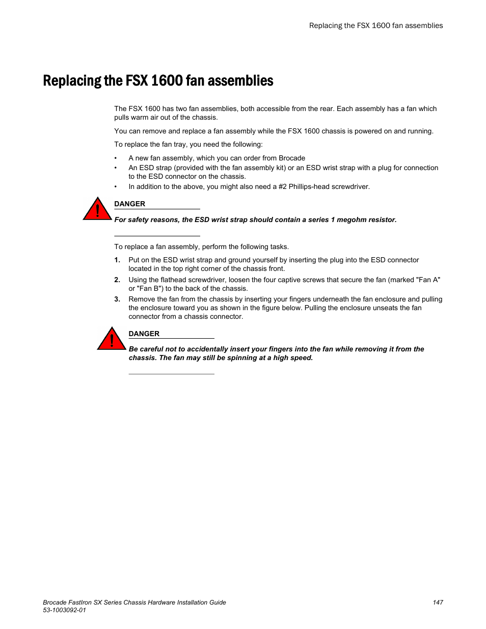 Replacing the fsx 1600 fan assemblies | Brocade FastIron SX Series Chassis Hardware Installation Guide User Manual | Page 149 / 192