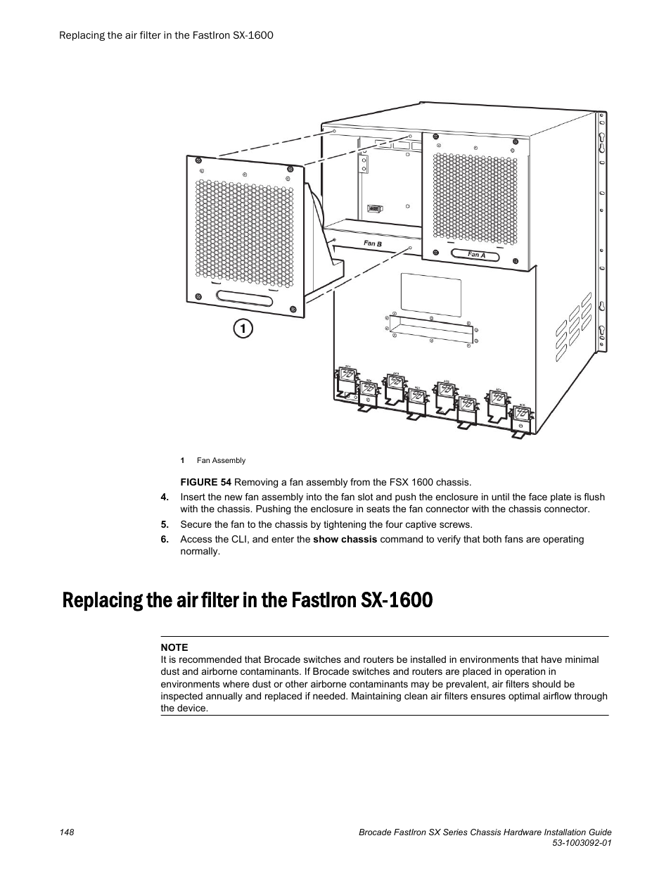 Replacing the air filter in the fastiron sx-1600 | Brocade FastIron SX Series Chassis Hardware Installation Guide User Manual | Page 150 / 192