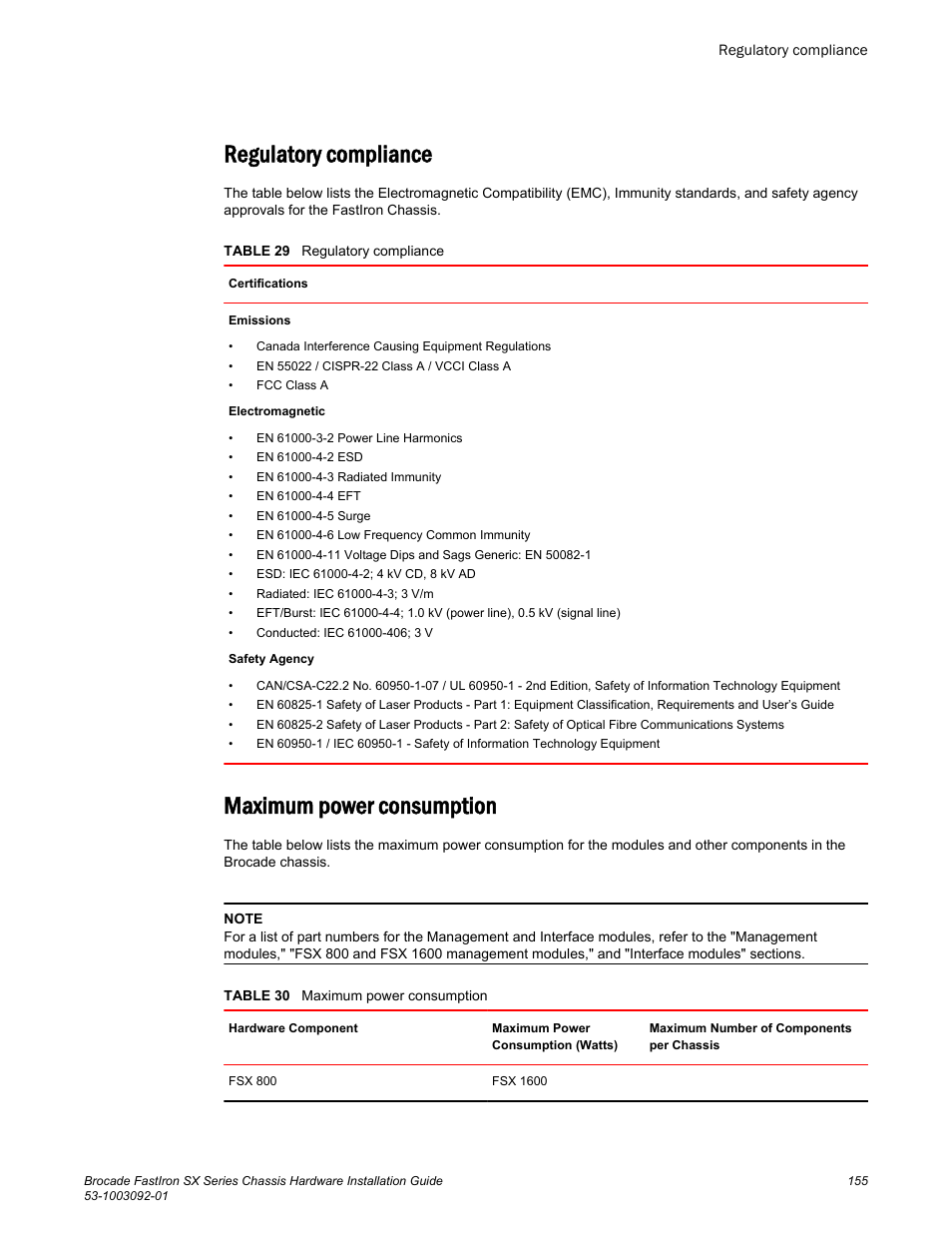 Regulatory compliance, Maximum power consumption, Regulatory compliance maximum power consumption | Brocade FastIron SX Series Chassis Hardware Installation Guide User Manual | Page 157 / 192