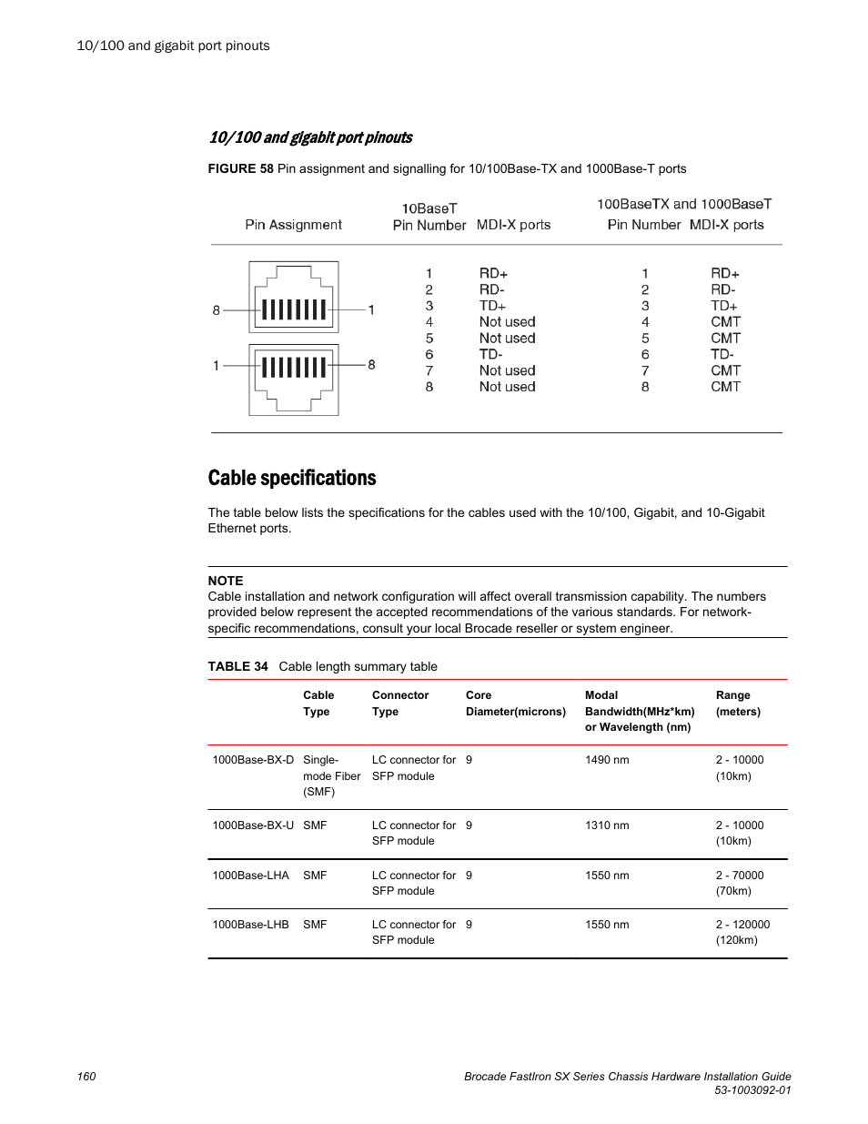 10/100 and gigabit port pinouts, Cable specifications | Brocade FastIron SX Series Chassis Hardware Installation Guide User Manual | Page 162 / 192