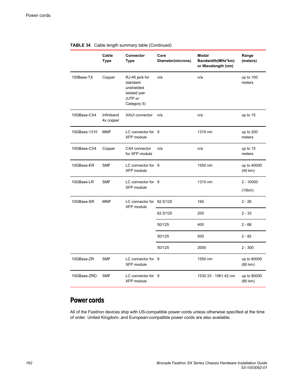 Power cords | Brocade FastIron SX Series Chassis Hardware Installation Guide User Manual | Page 164 / 192