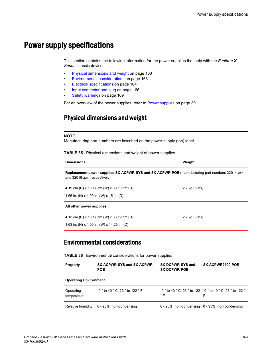 Power supply specifications, Physical dimensions and weight, Environmental considerations | Brocade FastIron SX Series Chassis Hardware Installation Guide User Manual | Page 165 / 192