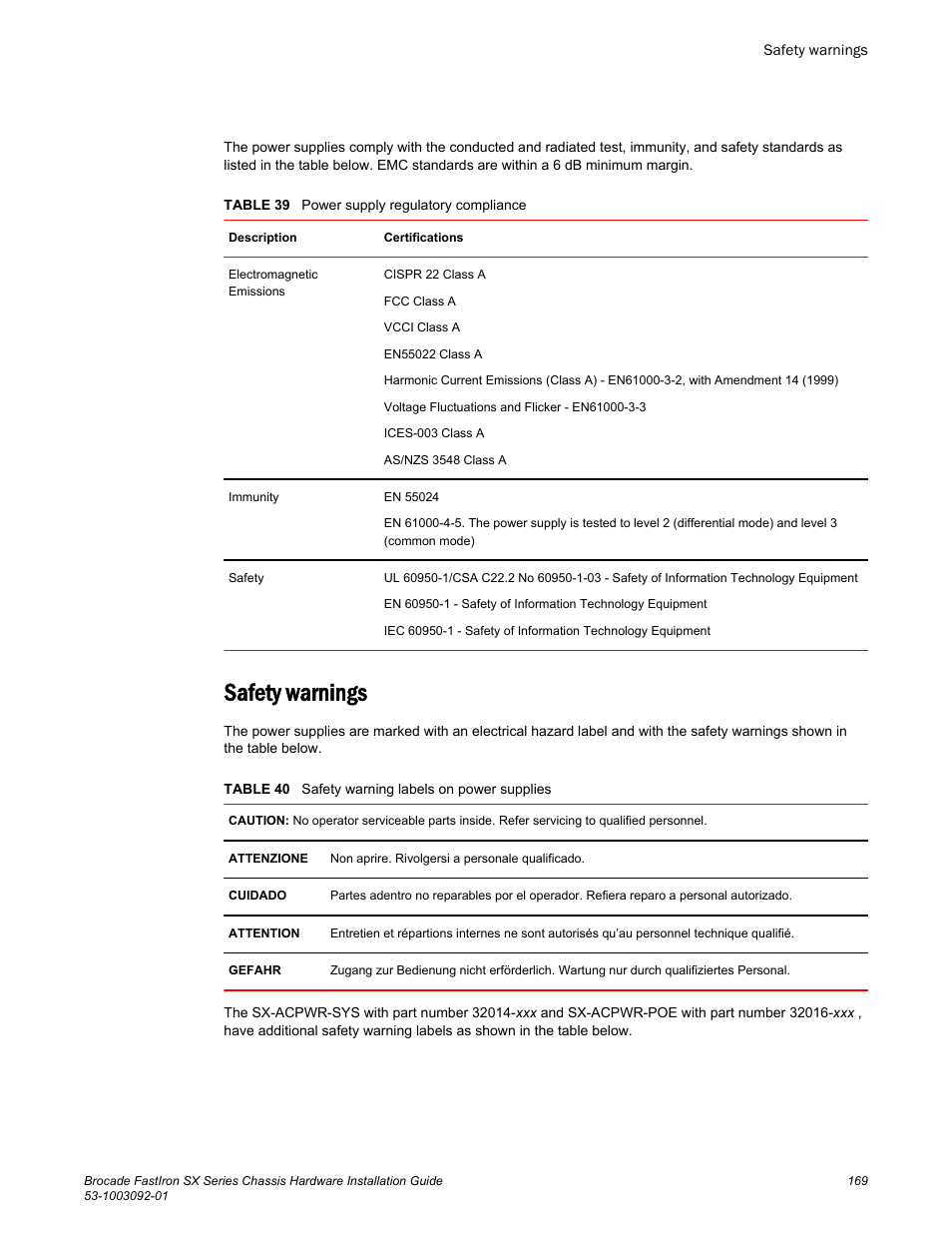 Safety warnings | Brocade FastIron SX Series Chassis Hardware Installation Guide User Manual | Page 171 / 192