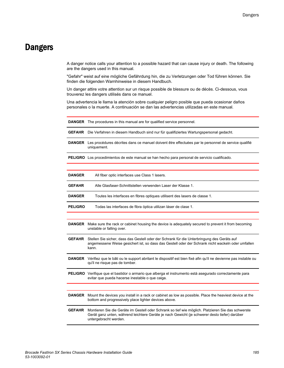 Dangers | Brocade FastIron SX Series Chassis Hardware Installation Guide User Manual | Page 187 / 192