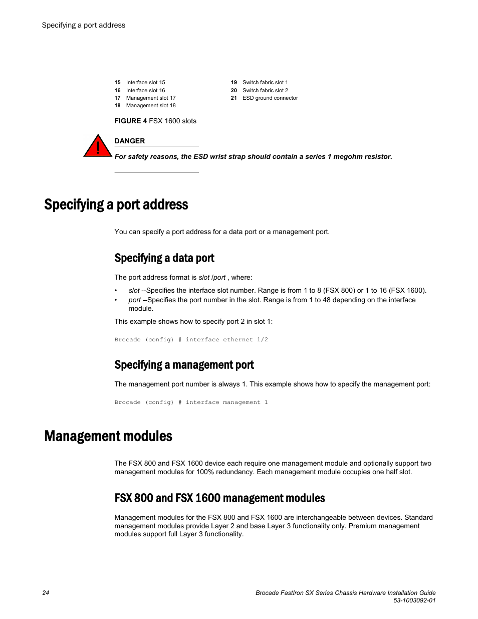 Specifying a port address, Specifying a data port, Specifying a management port | Management modules, Fsx 800 and fsx 1600 management modules | Brocade FastIron SX Series Chassis Hardware Installation Guide User Manual | Page 26 / 192
