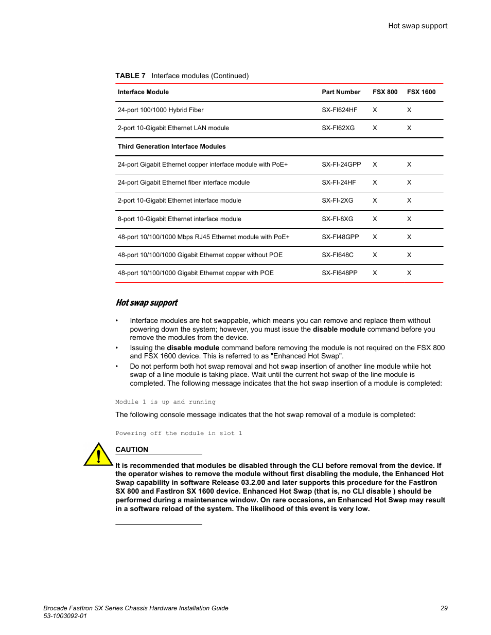 Hot swap support | Brocade FastIron SX Series Chassis Hardware Installation Guide User Manual | Page 31 / 192