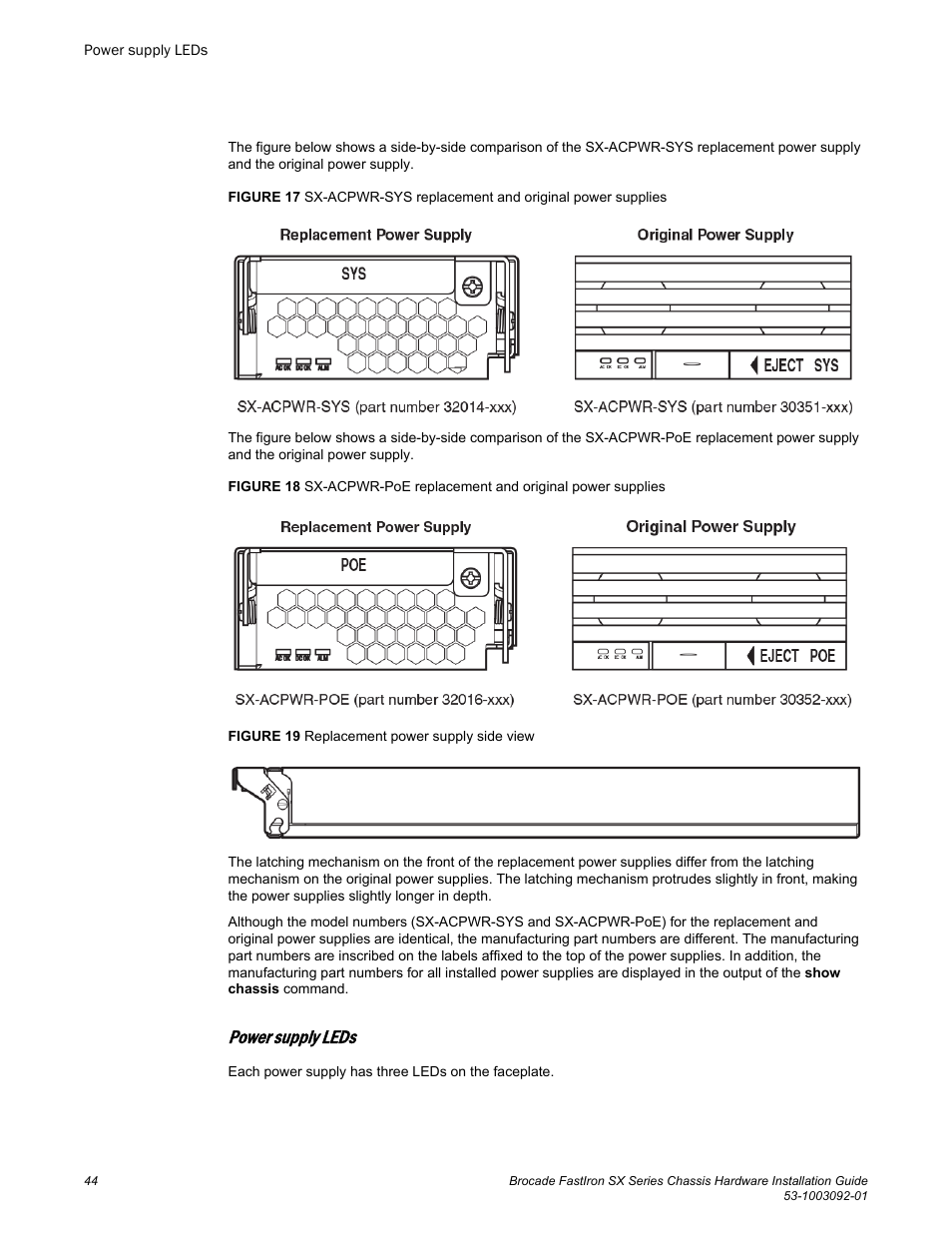 Power supply leds | Brocade FastIron SX Series Chassis Hardware Installation Guide User Manual | Page 46 / 192