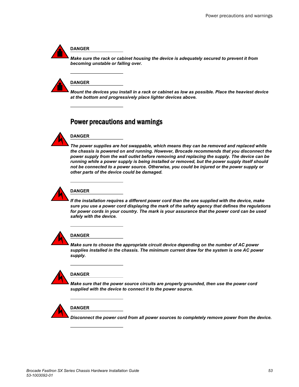 Power precautions and warnings | Brocade FastIron SX Series Chassis Hardware Installation Guide User Manual | Page 55 / 192