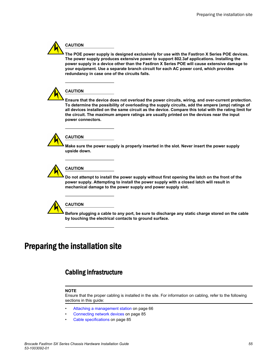 Preparing the installation site, Cabling infrastructure | Brocade FastIron SX Series Chassis Hardware Installation Guide User Manual | Page 57 / 192
