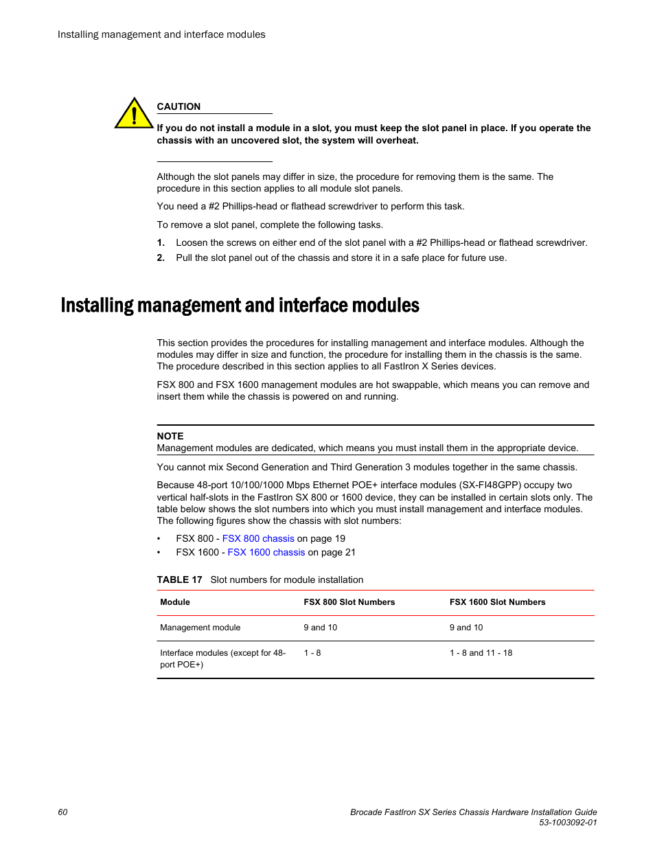 Installing management and interface modules | Brocade FastIron SX Series Chassis Hardware Installation Guide User Manual | Page 62 / 192