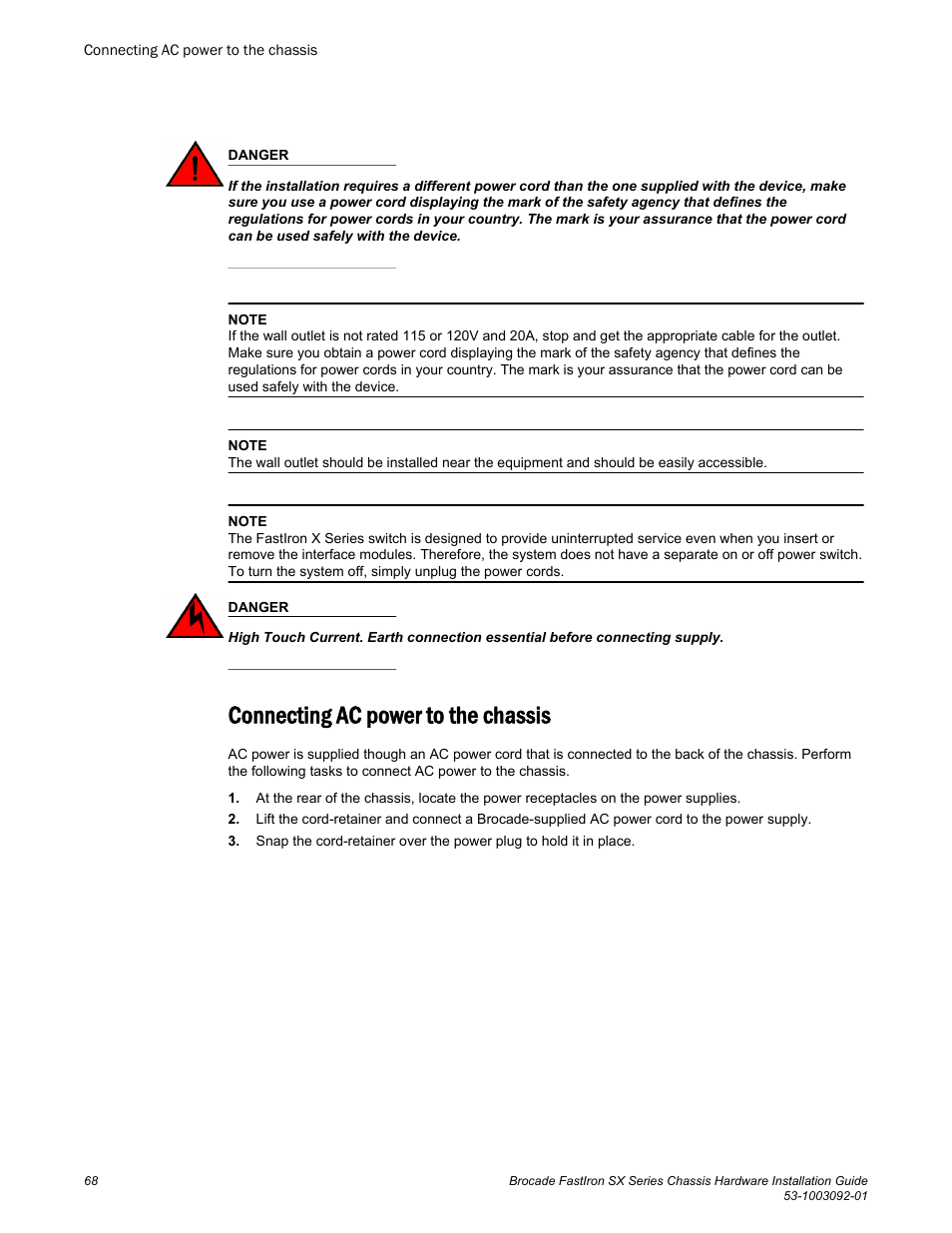 Connecting ac power to the chassis | Brocade FastIron SX Series Chassis Hardware Installation Guide User Manual | Page 70 / 192