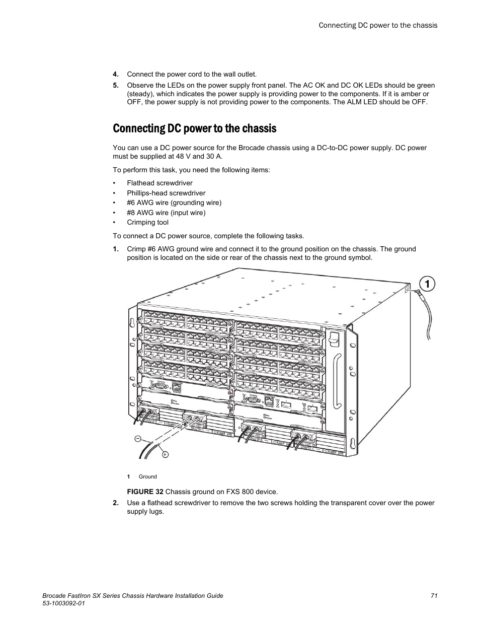 Connecting dc power to the chassis | Brocade FastIron SX Series Chassis Hardware Installation Guide User Manual | Page 73 / 192