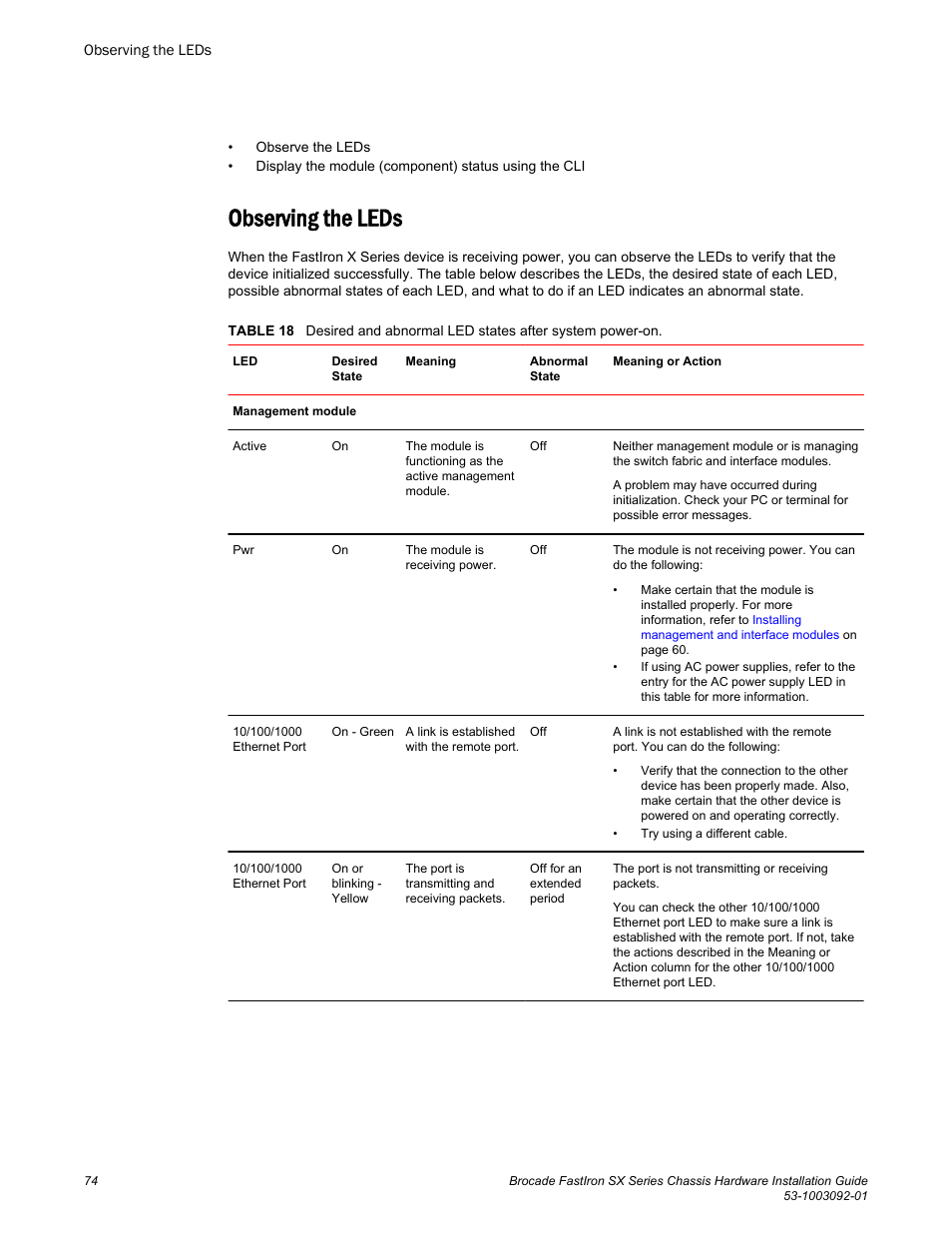 Observing the leds | Brocade FastIron SX Series Chassis Hardware Installation Guide User Manual | Page 76 / 192