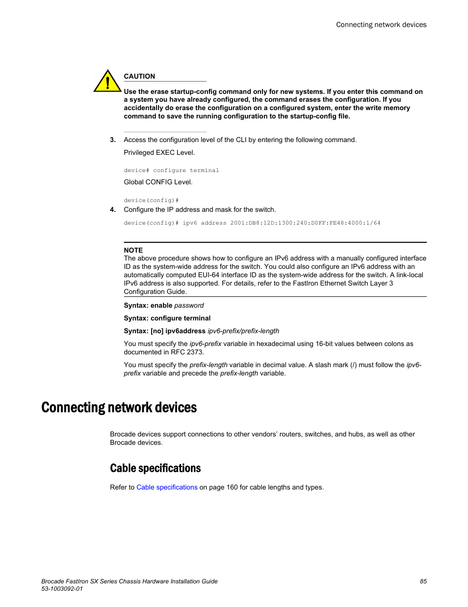 Connecting network devices, Cable specifications | Brocade FastIron SX Series Chassis Hardware Installation Guide User Manual | Page 87 / 192