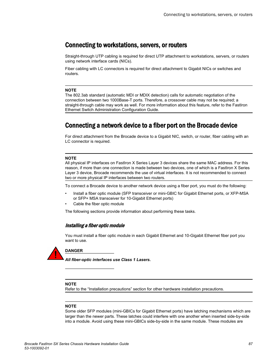 Connecting to workstations, servers, or routers, Installing a fiber optic module, Device | Brocade FastIron SX Series Chassis Hardware Installation Guide User Manual | Page 89 / 192