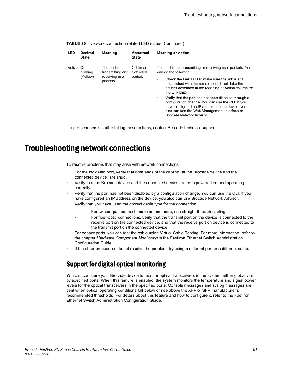 Troubleshooting network connections, Support for digital optical monitoring | Brocade FastIron SX Series Chassis Hardware Installation Guide User Manual | Page 93 / 192