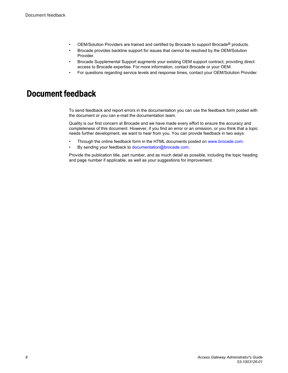 Document feedback | Brocade Access Gateway Administrator's Guide (Supporting Fabric OS v7.3.0) User Manual | Page 10 / 102