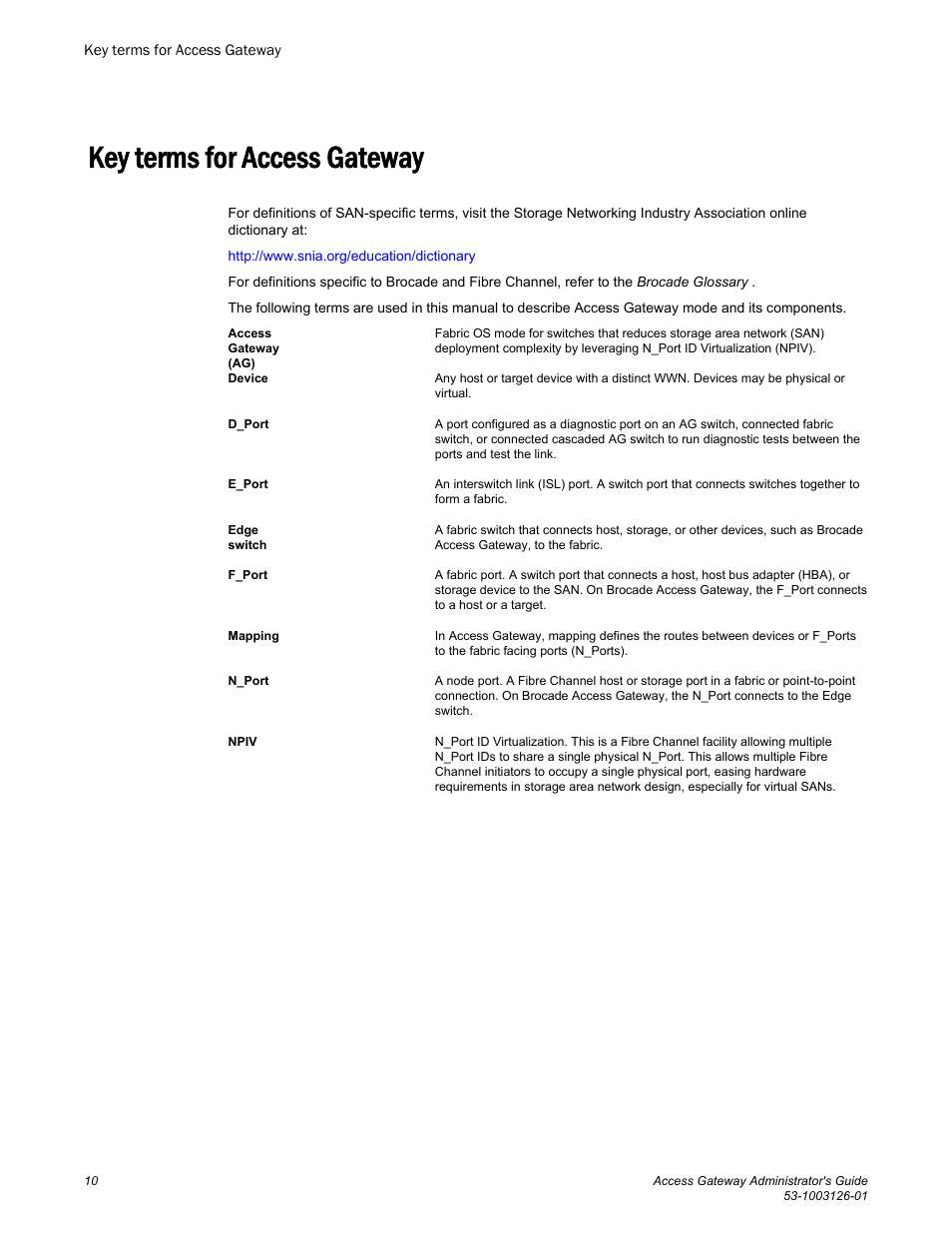 Key terms for access gateway | Brocade Access Gateway Administrator's Guide (Supporting Fabric OS v7.3.0) User Manual | Page 12 / 102