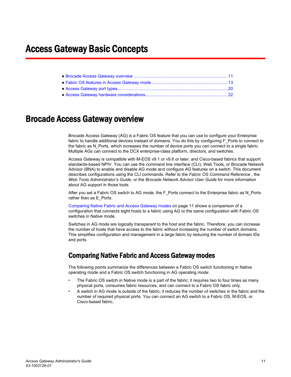 Access gateway basic concepts, Brocade access gateway overview, Comparing native fabric and access gateway modes | Brocade Access Gateway Administrator's Guide (Supporting Fabric OS v7.3.0) User Manual | Page 13 / 102