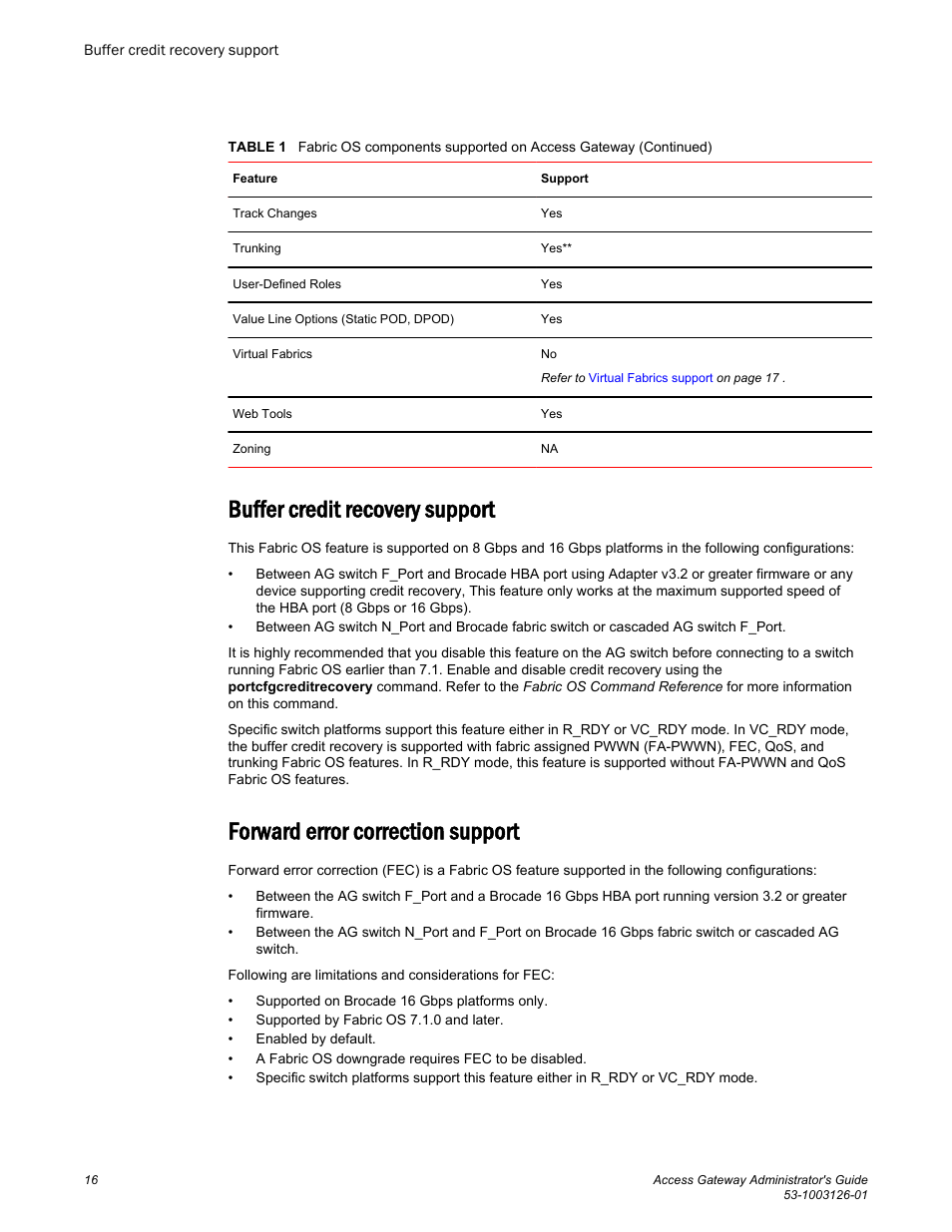 Buffer credit recovery support, Forward error correction support | Brocade Access Gateway Administrator's Guide (Supporting Fabric OS v7.3.0) User Manual | Page 18 / 102