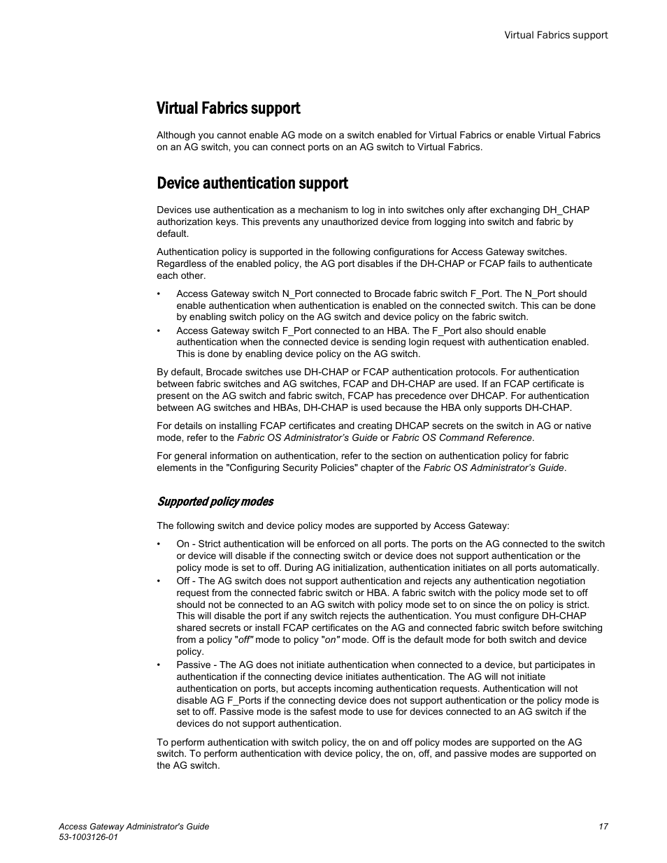 Virtual fabrics support, Device authentication support, Supported policy modes | Brocade Access Gateway Administrator's Guide (Supporting Fabric OS v7.3.0) User Manual | Page 19 / 102