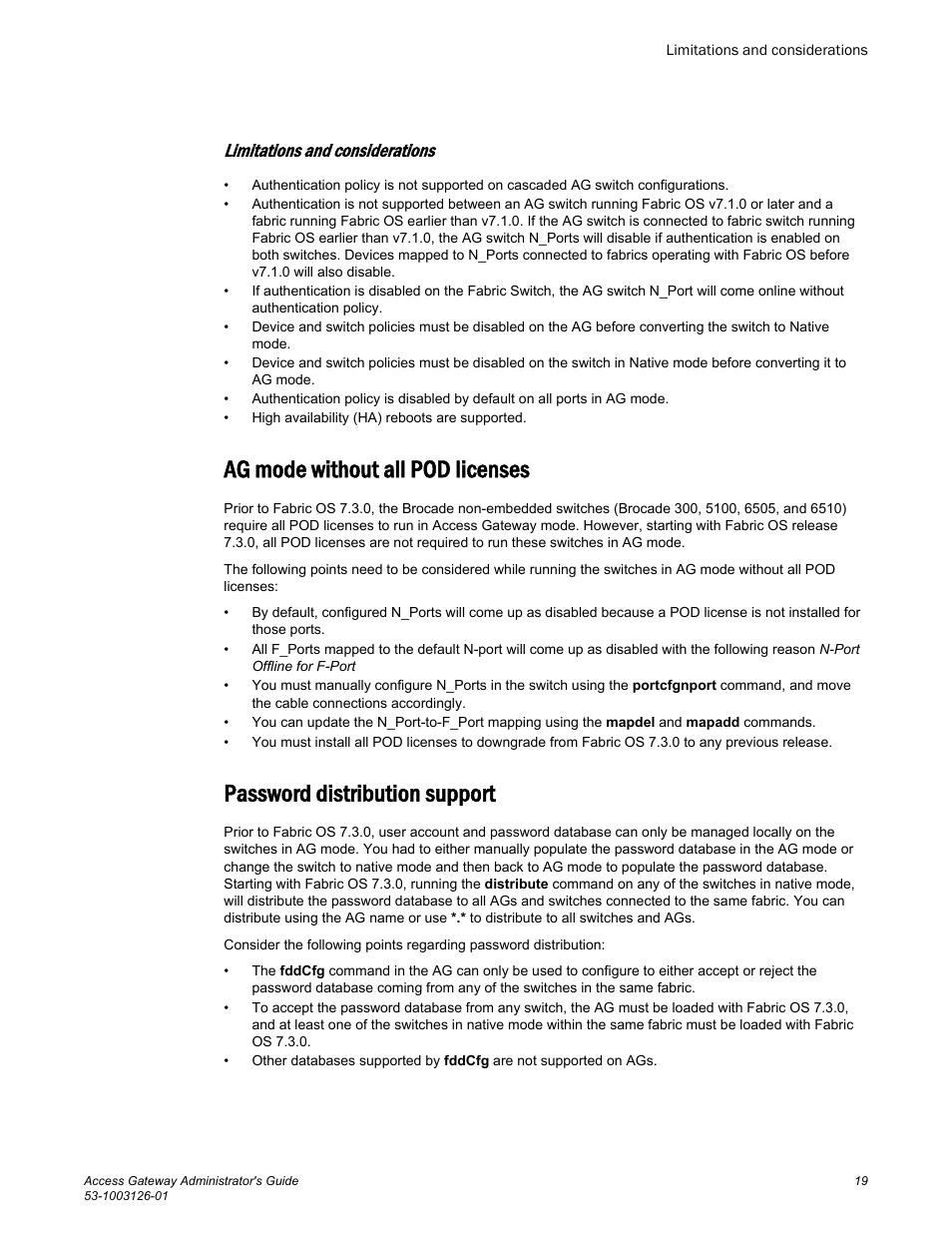 Limitations and considerations, Ag mode without all pod licenses, Password distribution support | Brocade Access Gateway Administrator's Guide (Supporting Fabric OS v7.3.0) User Manual | Page 21 / 102