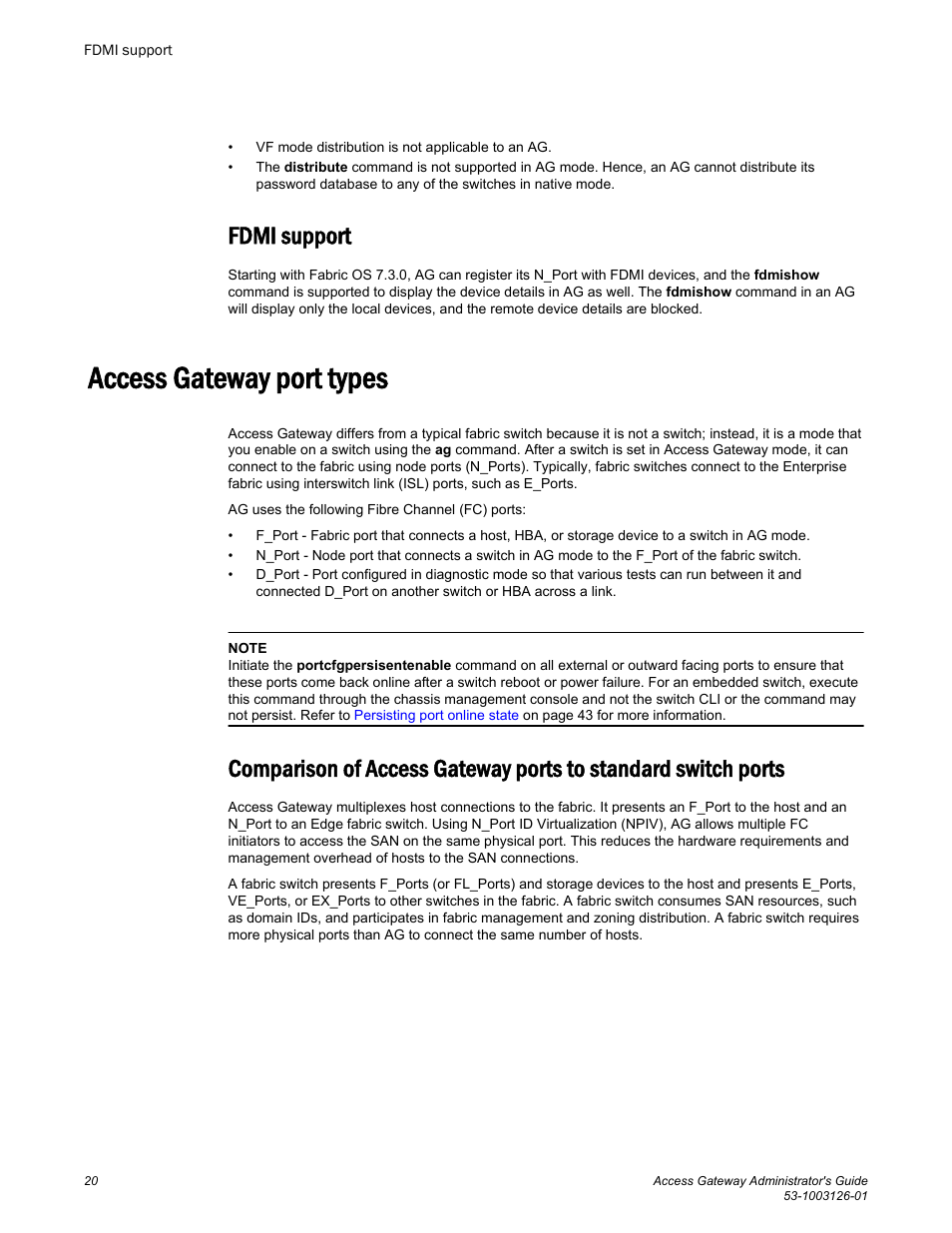 Fdmi support, Access gateway port types | Brocade Access Gateway Administrator's Guide (Supporting Fabric OS v7.3.0) User Manual | Page 22 / 102