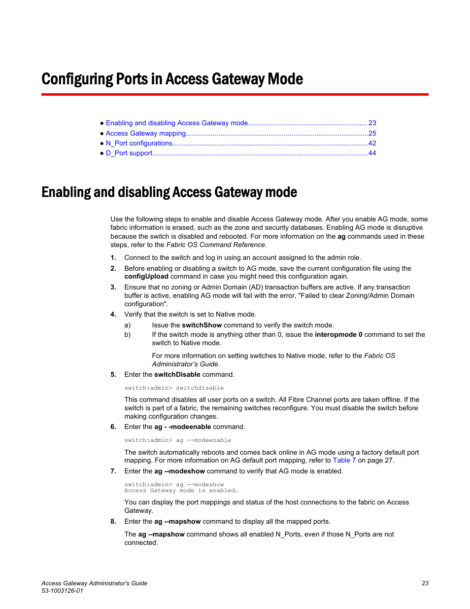 Configuring ports in access gateway mode, Enabling and disabling access gateway mode | Brocade Access Gateway Administrator's Guide (Supporting Fabric OS v7.3.0) User Manual | Page 25 / 102