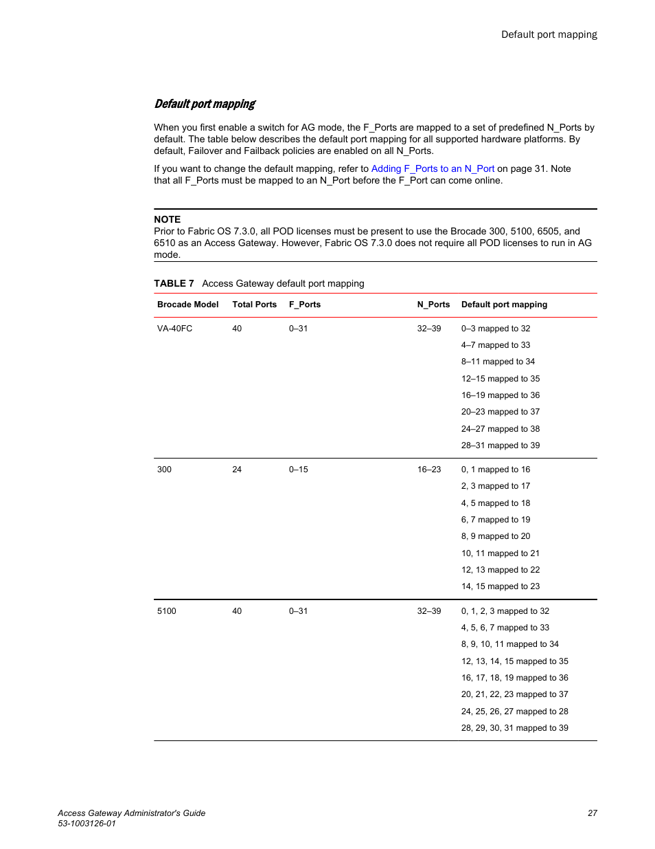 Default port mapping, Table 7 | Brocade Access Gateway Administrator's Guide (Supporting Fabric OS v7.3.0) User Manual | Page 29 / 102