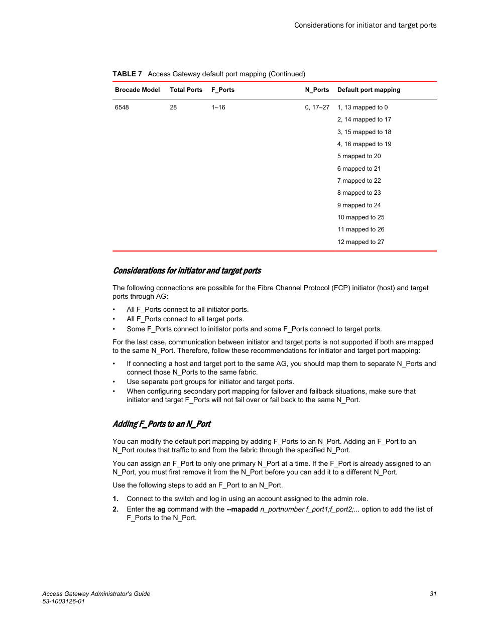 Considerations for initiator and target ports, Adding f_ports to an n_port | Brocade Access Gateway Administrator's Guide (Supporting Fabric OS v7.3.0) User Manual | Page 33 / 102