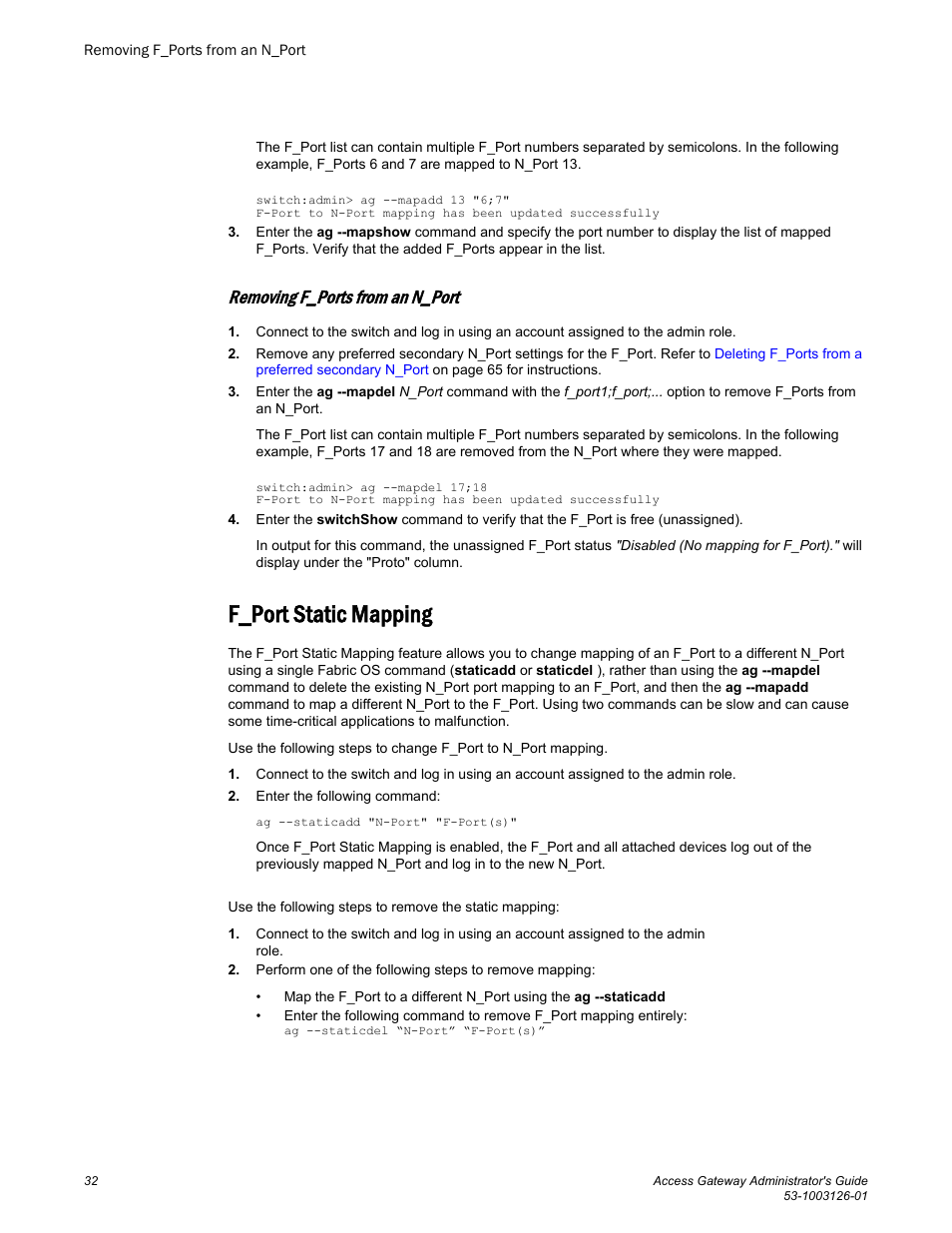 Removing f_ports from an n_port, F_port static mapping | Brocade Access Gateway Administrator's Guide (Supporting Fabric OS v7.3.0) User Manual | Page 34 / 102